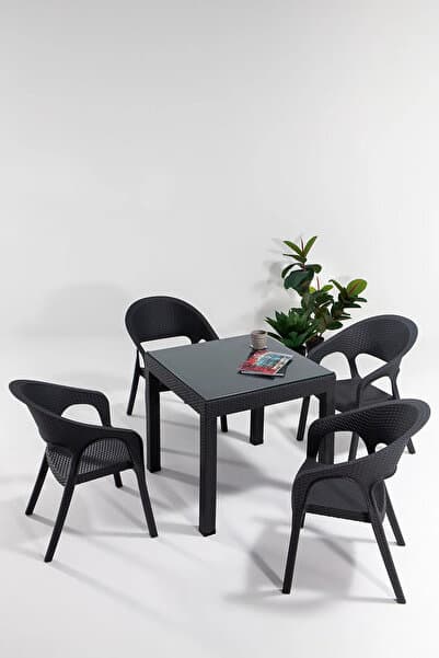 MOBETTO Garden Camlı 80x80 Bahçe&balkon&teras Masa Seti - Antrasit