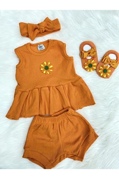 ŞAPKAKİDS TURUNCU RİBANA AYÇİÇEK KEÇELİ ÇORAP VE BANDANA SET