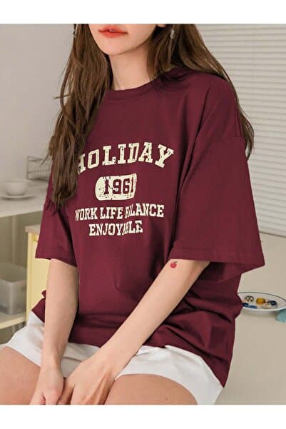 Revasser Unisex Kadın/Erkek HOLİDAY Renkli Özel Baskılı Oversize Pamuk Bisiklet Yaka Penye T-Shirt