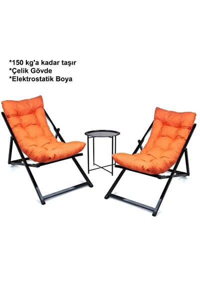 HASTUNÇ Minderli -Luxury Zetnnaa Şezlong Seti Bahçe&balkon&teras&plaj Katlanır Ikili Set - 2 Şezlong 1 Sehpa