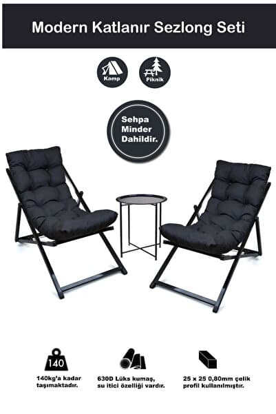HASTUNÇ Minderli -Luxury Zetnnaa Şezlong Seti Bahçe&balkon&teras&plaj Katlanır Ikili Set - 2 Şezlong 1 Sehpa