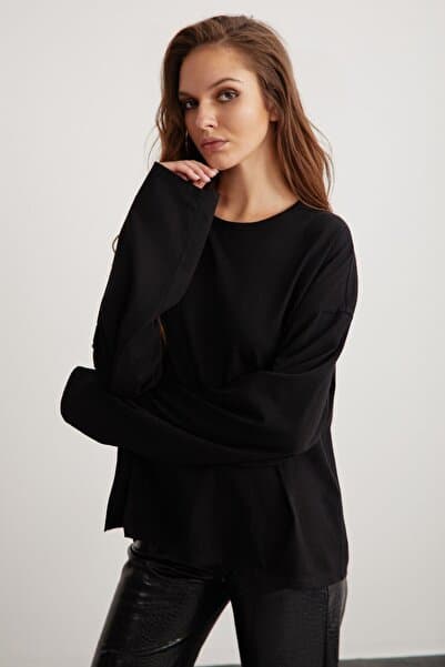 GRIMELANGE Basıl Kadın %100 Pamuk Bisiklet Yaka Oversize Fit Uzun Kollu Siyah T-shirt