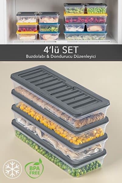 Meleni Home 4'lü Buzdolabı Organizer Mikrodalga Ve Difrize Uygun Saklama Kabı Antrasit 4 X 1170 ml