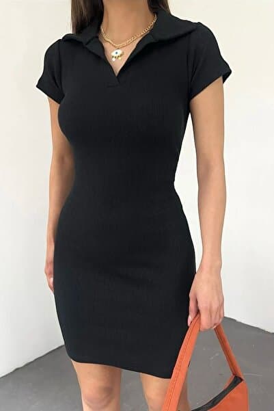 kozzy Kadın Fitted/vücuda Oturan Polo Yaka Kısa Kollu Elbise,balo,mezuniyet,kına,düğün,davet Siyah