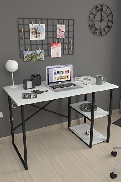 Bofigo 60x120 Cm 2 Raflı Çalışma Masası Bilgisayar Masası Ofis Ders Yemek Masası Kafka Beyaz