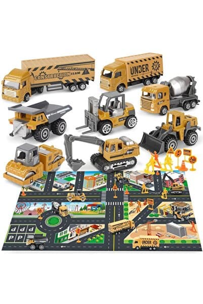 MJ TOYS 1:64 Dieacast Inşaat Seti Metal Inşaat Seti Ve Oyun Halısı Beton Mikseri Forklift Kepçe Kamyon