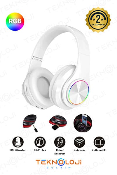 Teknoloji Gelsin Kablosuz Bluetooth Mikrofonlu Kulaküstü Kulaklık Led Işıklı Katlanabilir Beyaz