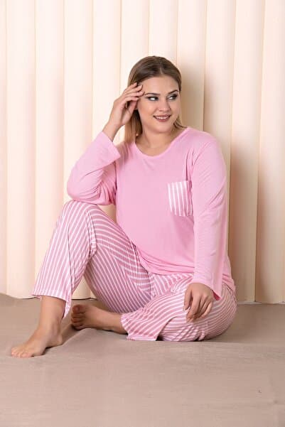 MyBen Pembe Renkli Çizgili Uzun Kollu Battal Pijama Takımı B-1