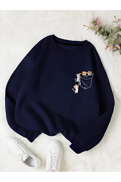 Revasser Kadın Renkli Cat Özel Göğüs Baskılı Oversize Bisiklet Yaka Sweatshirt