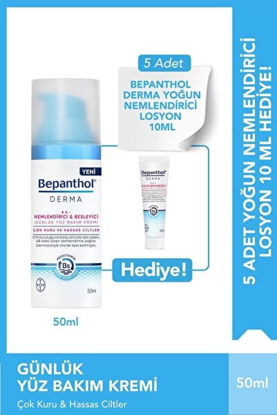 Bepanthol Derma Nemlendirici Günlük Yüz Bakım Kremi 50ml & 5 Adet Günlük Yoğun Nemlendirici Losyon 10 ml