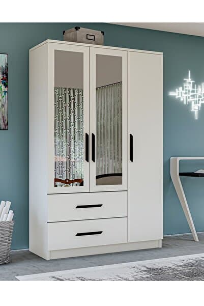 Gm 177 Modena 3 Kapı 2 Çekmeceli Aynalı Siyah Kulplu Beyaz Gardırop