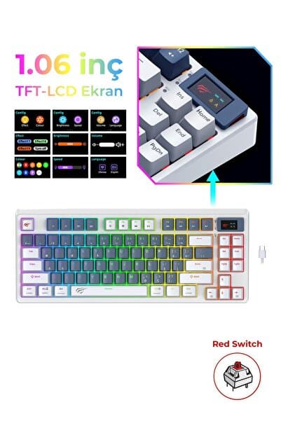 Havit Gamenote Kb884L Rgb Mekanik Türkçe Klavye 1.06inç Tft-lcd Ekran - Red Switch