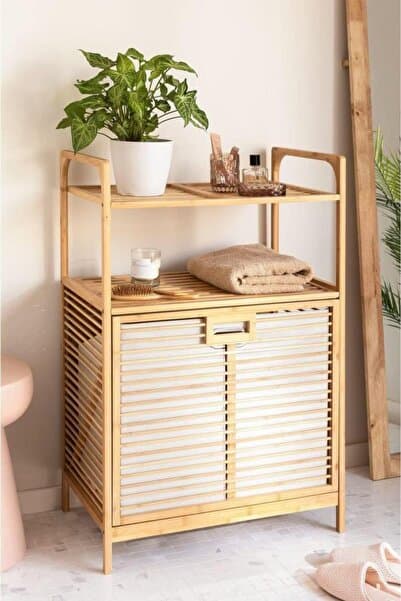 Bambu Xl Kirli Sepetli 2 Raflı Çok Amaçlı Banyo Düzenleyici Çamaşır Sepeti Organizer Db-0004