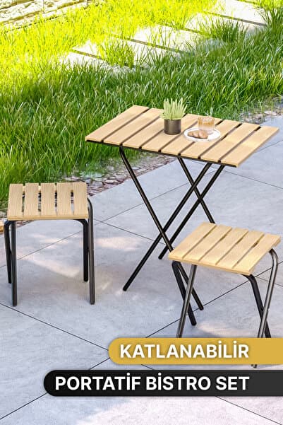 Bino Bahçe Masası Kamp Masası Yükseklik Ayarlı Masa Sandalye Bistro Ahşap Kamp Masası Taburesi 3'lü Set