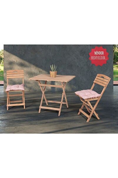 BarışAhşap Açık Ceviz Balkon Bahçe 60x80 Cm Masa 2 Sandalye 3 Lü Katlanabilir Bistro Set Minder Hediyeli