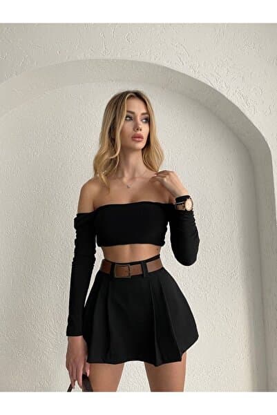 LB Laluna Butik Kadın Piliseli Kemerli Mini Şortlu Etek