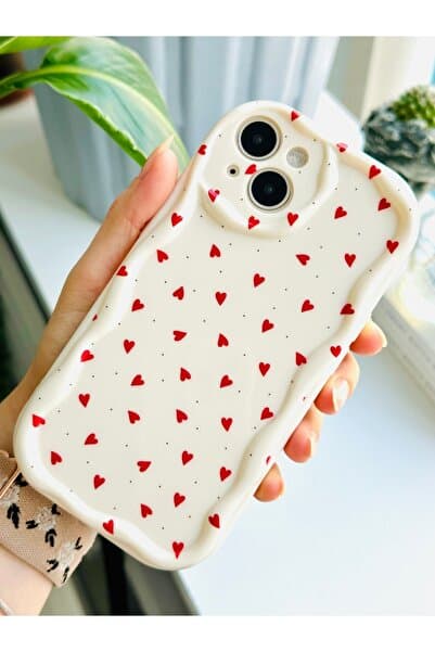 Go Aksesuar Iphone 13 Ve 14 Uyumlu Kırmızı Kalpler Baskı Desenli Silikon Kılıf