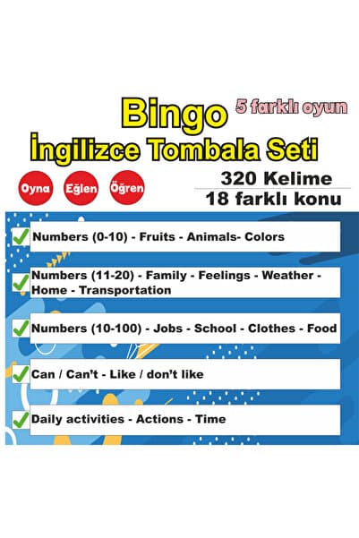 Okuling Bingo - İngilizce Tombala Seti - İngilizce Kelime Oyunu