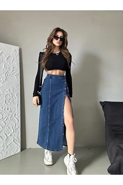 Swet Shop Jeans Kadın Önü Düğmeli Uzun Boy Koyu Mavi Likralı Kot Etek