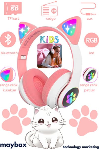 Genel Markalar STN Pembe Kablosuz Bluetooth Kulaklık Led Işıklı Mikrofonlu Kedili Kulaklık