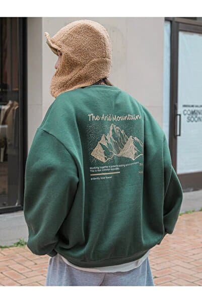 Know Kadın Yeşil Arid Mountain Baskılı Oversize Sweatshirt