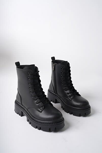 Kadın Siyah Cilt Bağcık Ve Fermuarlı Postal