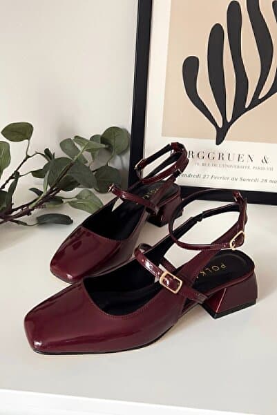 POLKA STORE Bordo Rugan Kadın Mary Jane Arkası Açık Kare Burunlu Kısa Blok Topuklu Ayakkabı