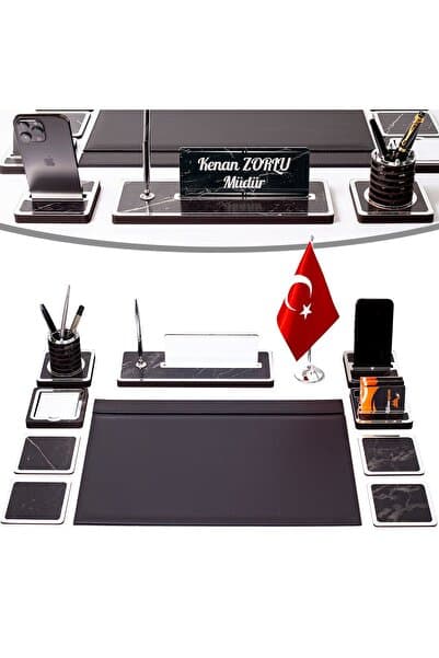 isimliksepeti 11 Parça Türk Bayraklı Mermer Desen Ahşap Sümen Takımı Masa İsimliği Deri Sümen Seti - Gümüş