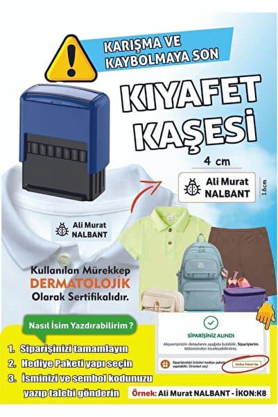 Joyygift KIYAFET KAŞESİ KREŞ, ANAOKULU, İLKOKUL ÖĞRENCİ KAŞESİ KİŞİYE ÖZEL MÜREKKEPLİ KAŞE İSİM KAŞESİ