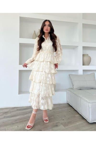 Afiş Butik Bej Fisto Kat Etekli Kuşaklı Uzun Elbise