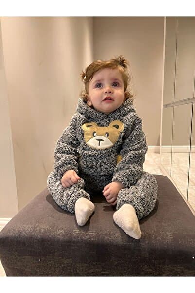 BT Baby Kışlık Ayıcık Desenli Welsoft Lüx Bebek Takımı Peluş Cepli Kapüşonlu