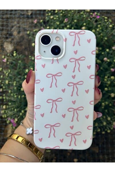 OVADA İphone 13/14/15 Uyumlu Kalp Ve Kurdele Desenli Kabartma Baslılı Kadife Silikon Kılıf