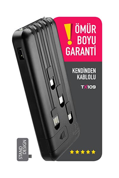 Orjinal 10.000 mAh Kendinden Kablolu ve Telefon Standlı Şarj Göstergeli Siyah Taşınabilir Powerbank