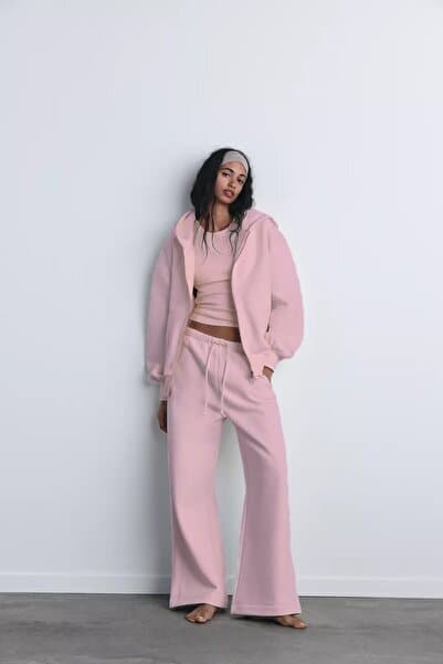 The Champ Clothing İçi Polar Oversize Kesim Kapüşonlu Fermuarlı Pembe Eşofman Takımı