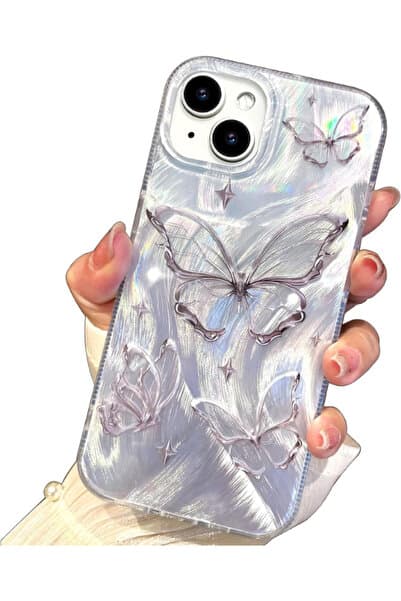 KVK PRİVACY Apple Iphone 13-14-15 Uyumlu Tüylü Kelebek Hologramlı Kılıf Darbeye Karşı Dayanıklı Kapak