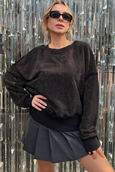 RICH GLAM Crystal Taşlı Bol Kesim Oversize Büyük Beden Üç Iplik Pamuk Rahat Şık Salaş Siyah Kadın Sweatshirt