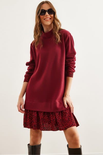 Olalook Kadın Bordo Kırmızı Garnili Selanik Elbise ELB-19000965
