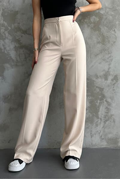 macharel jeans Kadın Yeni Sezon Yüksek Bel Klasik Krem Kumaş Pantolon