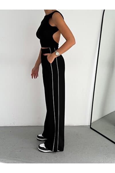 DeChival Yandan Şeritli Modal Kumaş Eşofman Altı Bol Kesim / Wıde Cut Trousers Wıth Sıde Strıpes