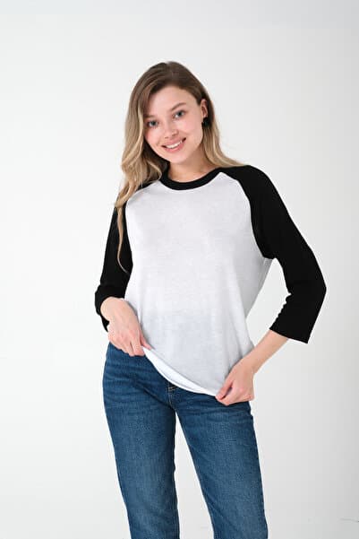 Kyron Siyah Beyaz Reglan Kol Kadın Tişört - 3/4 Kollu