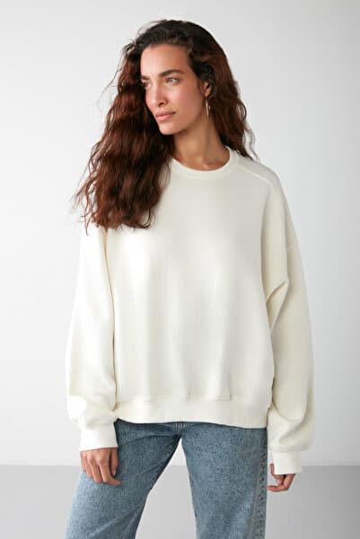 GRIMELANGE Vaneltına Kadın Içi Polarlı 3 Iplik Organik Pamuk Oversize Basic Bisiklet Yaka Vanilya Sweatshirt