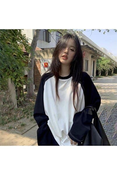Köstebek Siyah Raglan Kollu Beyaz Basic Unisex Uzun Kollu
