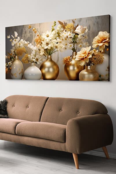 Evinemoda Gold Vazoda Çiçekler Tek Parça Kanvas - Canvas Tablo