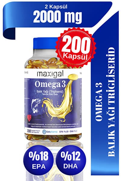 Maxigal Omega 3 Balık Yağı (Trigliserid) 2000mg Takviye Edici Gıda 200 Kapsül