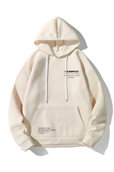 Altamira Unisex Bej Happiest Baskılı Oversize Kapşonlu Sweatshirt