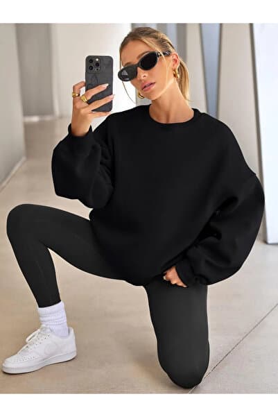 Giyyin Siyah Baskısız Oversize Kadın Sweatshirt Üç İplik İçi Şardonlu
