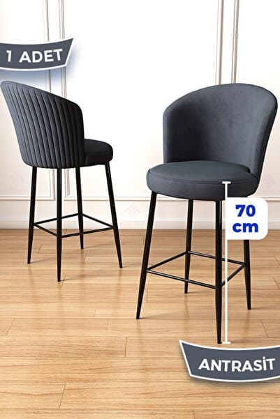 Fora Serisi 1 Adet Ada Mutfak Sandalyesi Babyface Kumaş Antrasit Bar Sandalyesi Siyah Metal Ayak