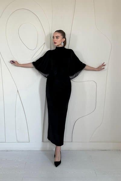 Elbee Fashion Woman Siyah Şal Yaka Kadife Elbise