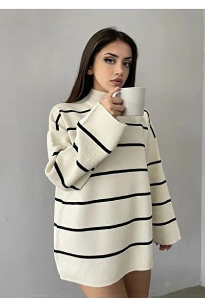 Dier Moda Kadın Beyaz Oversize Çizgili Yarım Balıkçı Yaka Triko Kazak, Çizgili Kazak