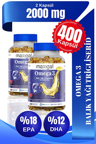 Maxigal Omega 3 Balık Yağı (Trigliserid) Takviye Edici Gıda 200 Kapsül 2'li Paket